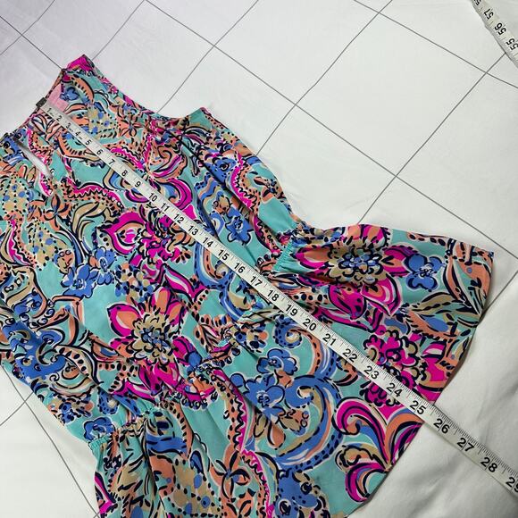 Lilly Pulitzer Top Womens Small Blue Pink Dune Bait & Switch Silk Preppy Peplum - Picture 9 of 9